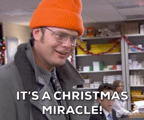 Dwight Schrute aus der Serie 'The Office' trägt eine knall-orangene Mütze und sagt: 'It's a Christmas miracle!'