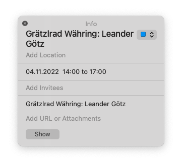 Screenshot eines iPhone Kalender Eintrages. Der Text: Leander Götz, 14:00 bis 17:00 Grätzlrad Währing